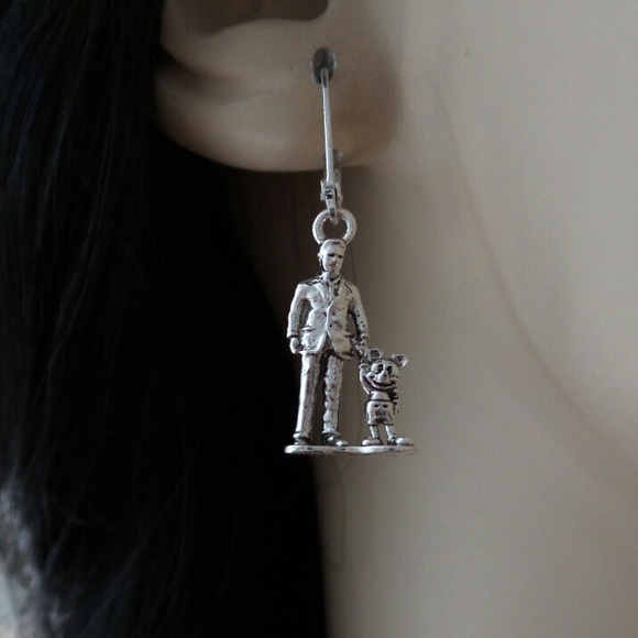 Man and Mouse holding Hands Silver Tone Earrings - Picture 6 of 9